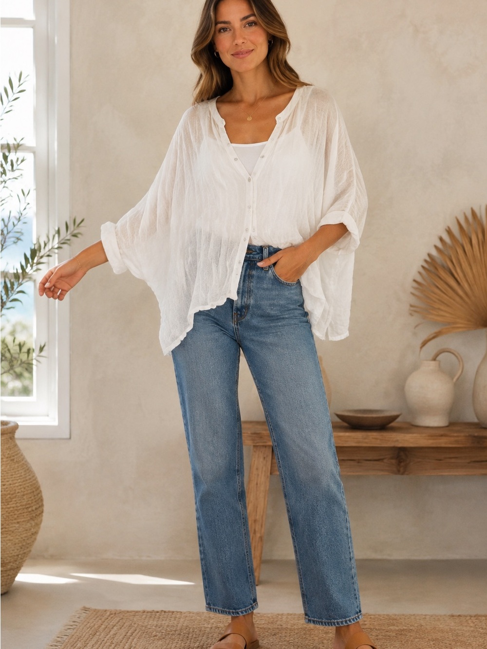 Eileen Fisher White 100% Linen Gauze Dolman Sleeve Oversized Blouse